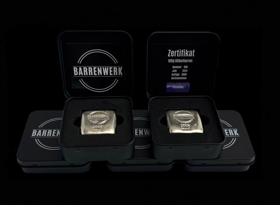 5x 100g Silberbarren Spar-Bundle. Sie sparen 10€!
